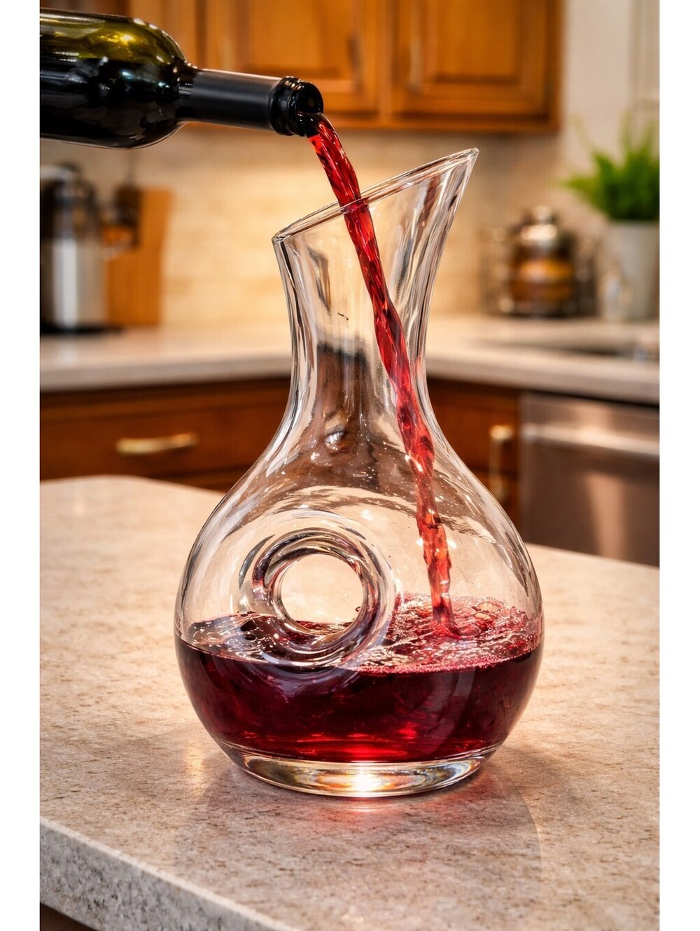 Vintage Hand Blown Glass Wine Decanter Ring Torus Aerator 12 Inch